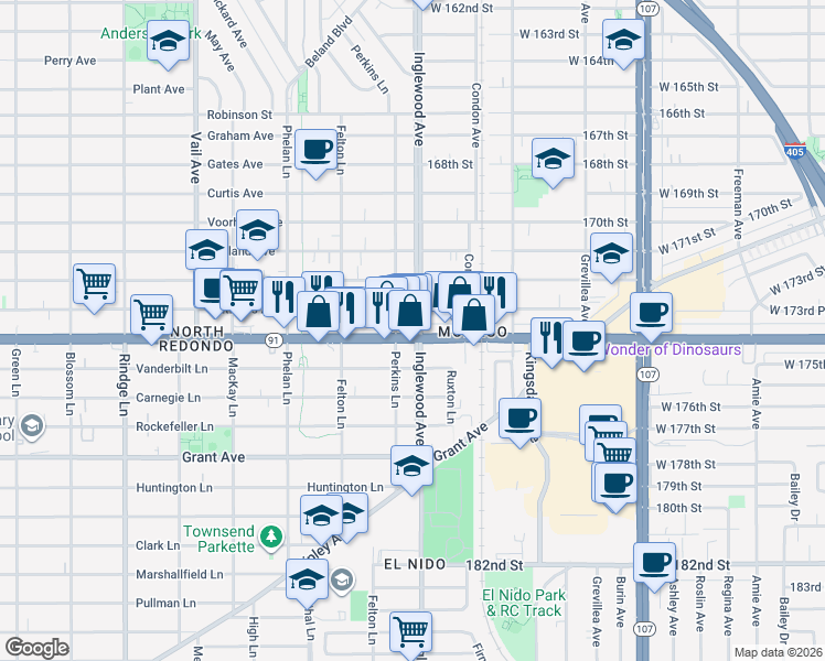 map of restaurants, bars, coffee shops, grocery stores, and more near in Redondo Beach
