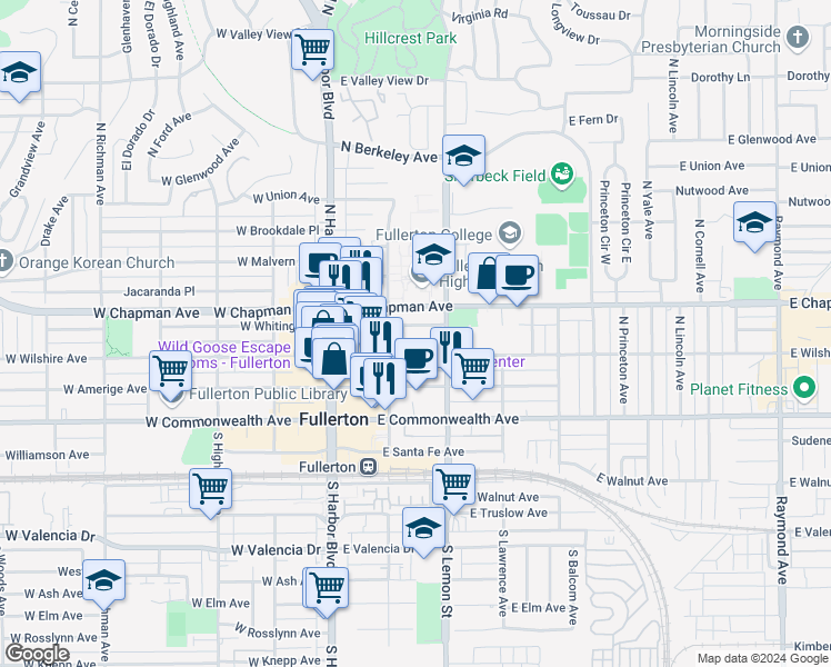map of restaurants, bars, coffee shops, grocery stores, and more near 222 East Whiting Avenue in Fullerton
