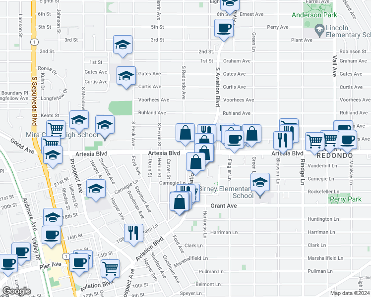 map of restaurants, bars, coffee shops, grocery stores, and more near 1701 Artesia Boulevard in Manhattan Beach