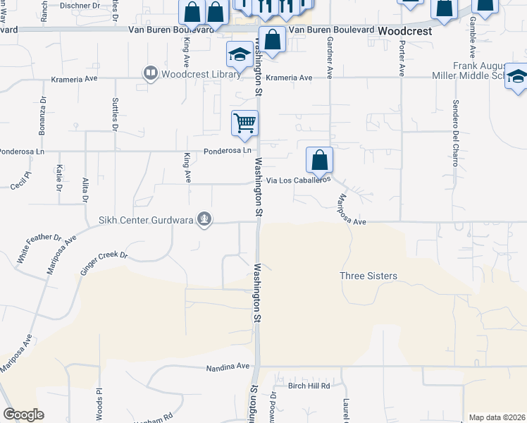 map of restaurants, bars, coffee shops, grocery stores, and more near 16960 Washington Street in Riverside
