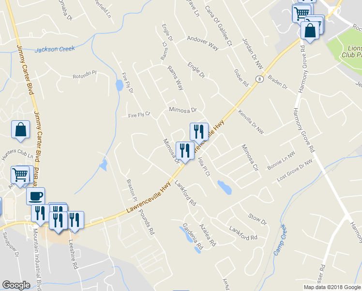 map of restaurants, bars, coffee shops, grocery stores, and more near 221 Triple Oaks Drive in Tucker