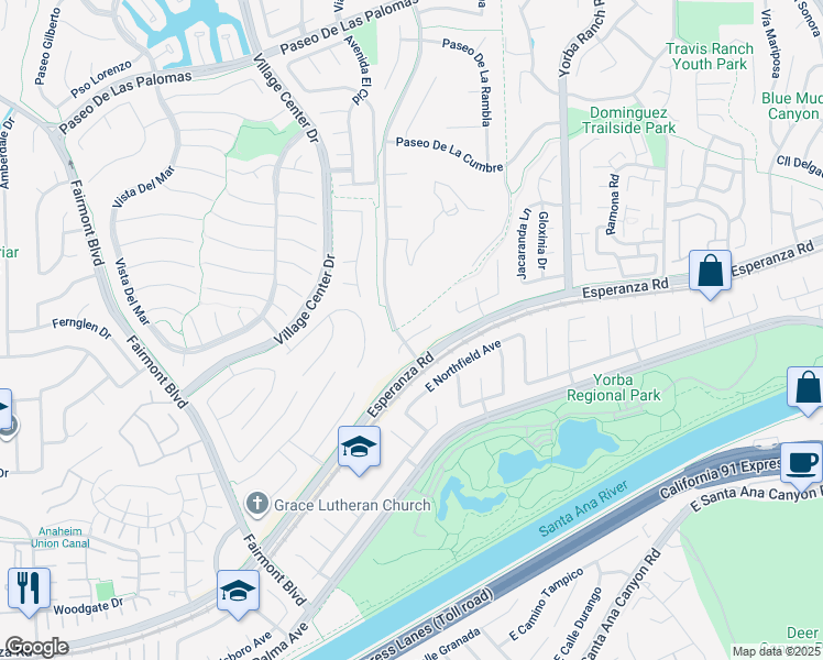map of restaurants, bars, coffee shops, grocery stores, and more near 20645 Calle Bella in Yorba Linda