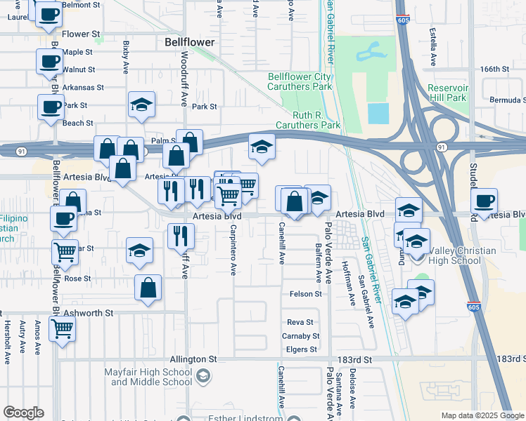 map of restaurants, bars, coffee shops, grocery stores, and more near 17516 Grand Avenue in Bellflower