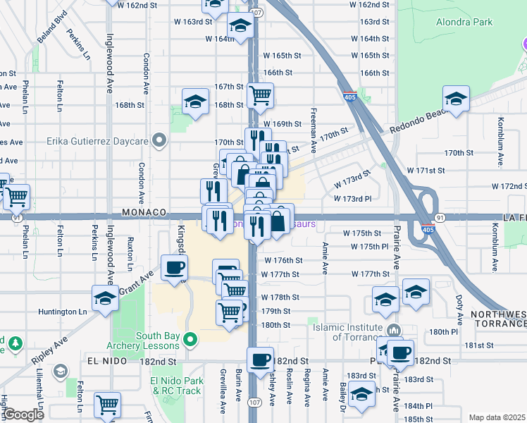 map of restaurants, bars, coffee shops, grocery stores, and more near 4357 Artesia Boulevard in Lawndale