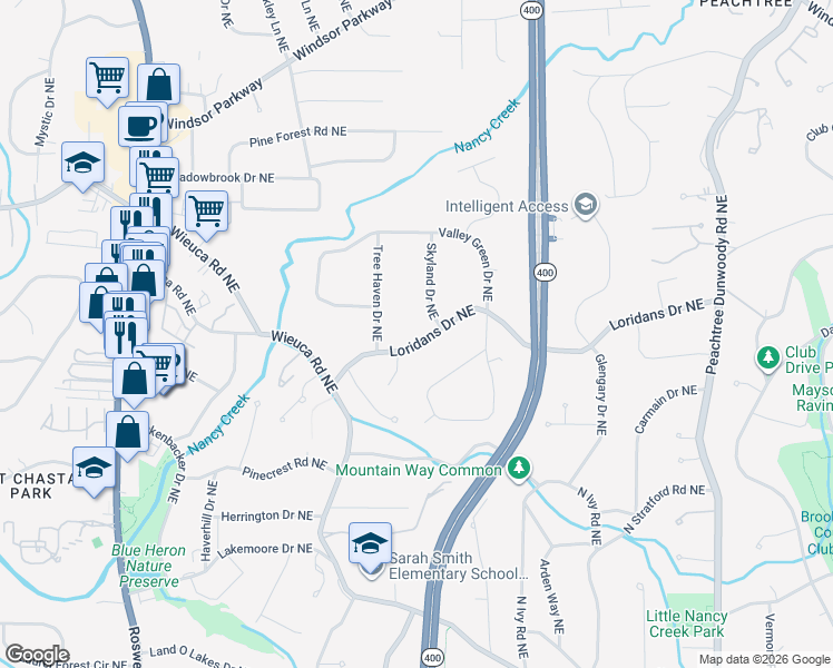 map of restaurants, bars, coffee shops, grocery stores, and more near 554 Loridans Drive Northeast in Atlanta
