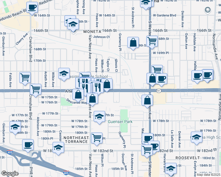 map of restaurants, bars, coffee shops, grocery stores, and more near 2039 Artesia Boulevard in Torrance