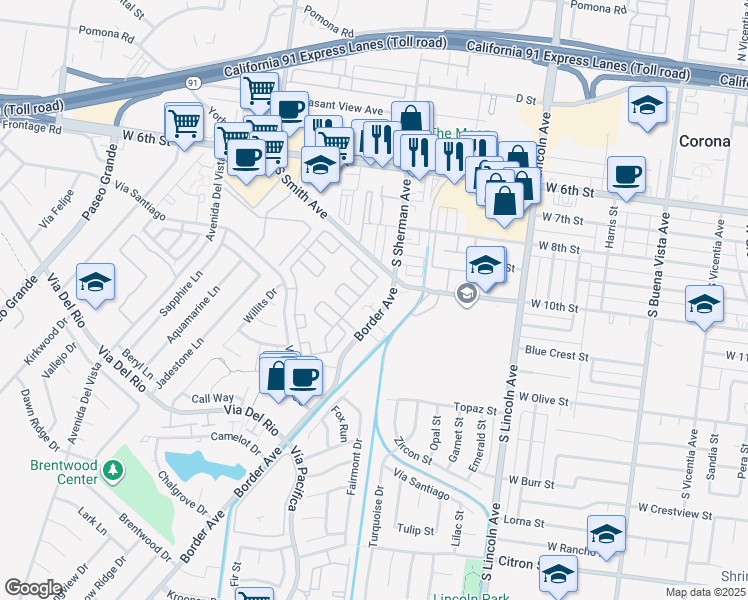 map of restaurants, bars, coffee shops, grocery stores, and more near 1068 Border Avenue in Corona