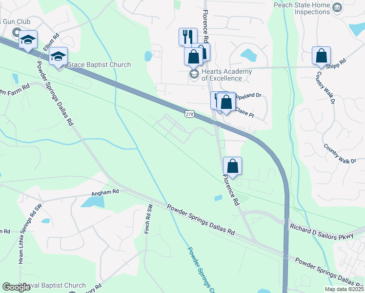 map of restaurants, bars, coffee shops, grocery stores, and more near 3333 Thornbridge Drive in Powder Springs