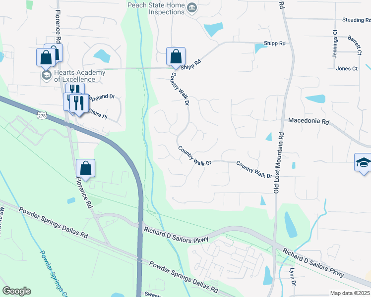 map of restaurants, bars, coffee shops, grocery stores, and more near 3237 Country Walk Drive in Powder Springs