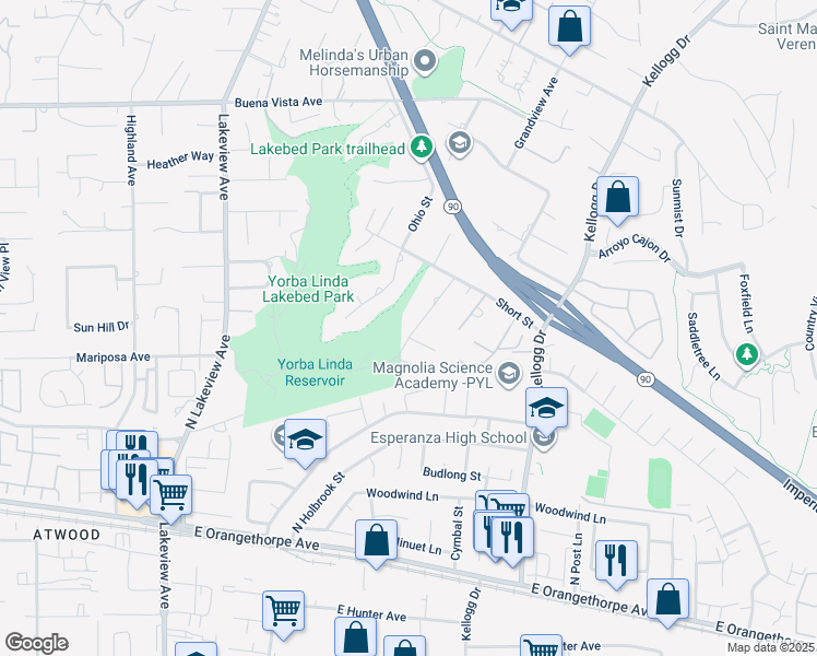 map of restaurants, bars, coffee shops, grocery stores, and more near 6081 Ridge Way in Yorba Linda