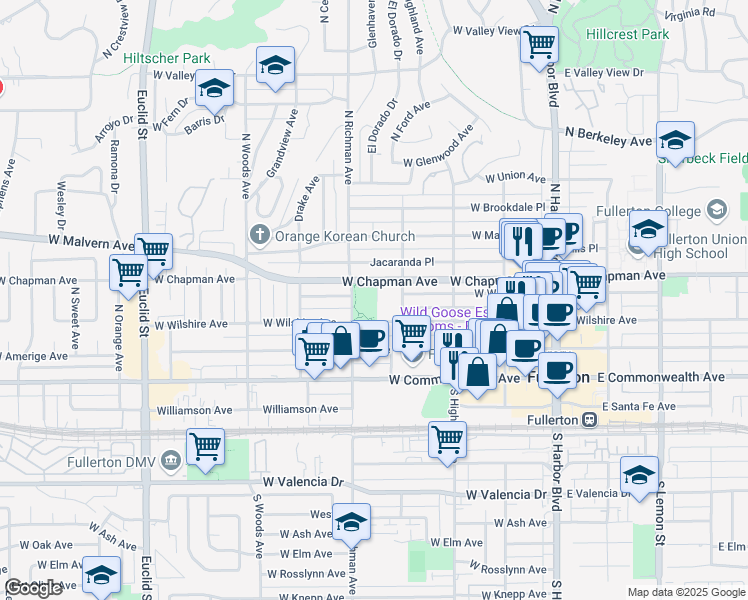 map of restaurants, bars, coffee shops, grocery stores, and more near 351 North Ford Avenue in Fullerton