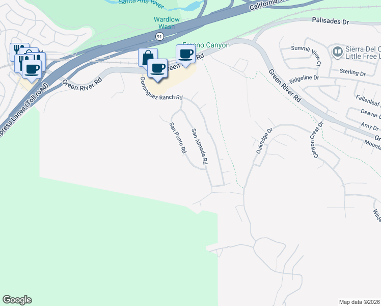 map of restaurants, bars, coffee shops, grocery stores, and more near 1557 San Ponte Road in Corona