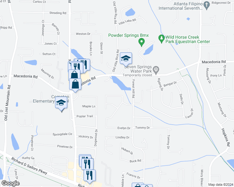 map of restaurants, bars, coffee shops, grocery stores, and more near 4047 Evelyn Drive in Powder Springs