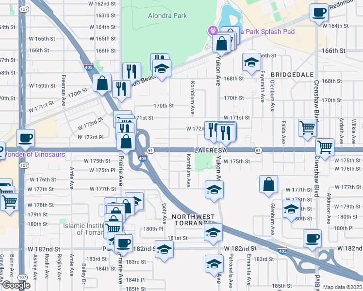 map of restaurants, bars, coffee shops, grocery stores, and more near 3731 Artesia Boulevard in Torrance