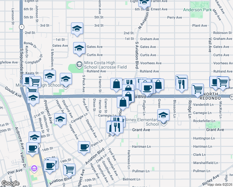 map of restaurants, bars, coffee shops, grocery stores, and more near 1701 Artesia Boulevard in Manhattan Beach