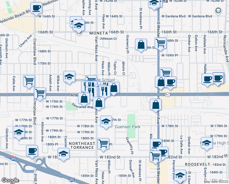 map of restaurants, bars, coffee shops, grocery stores, and more near 2059 Artesia Boulevard in Torrance