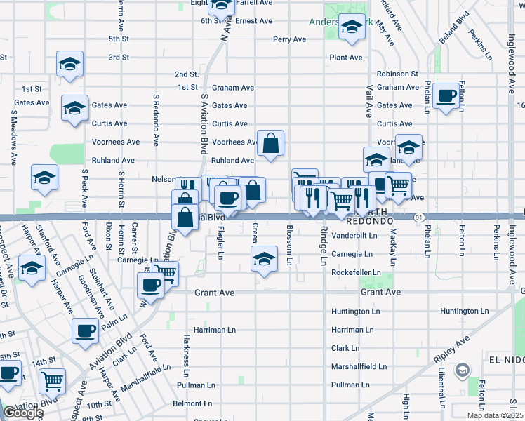 map of restaurants, bars, coffee shops, grocery stores, and more near 2001 Artesia Boulevard in Redondo Beach