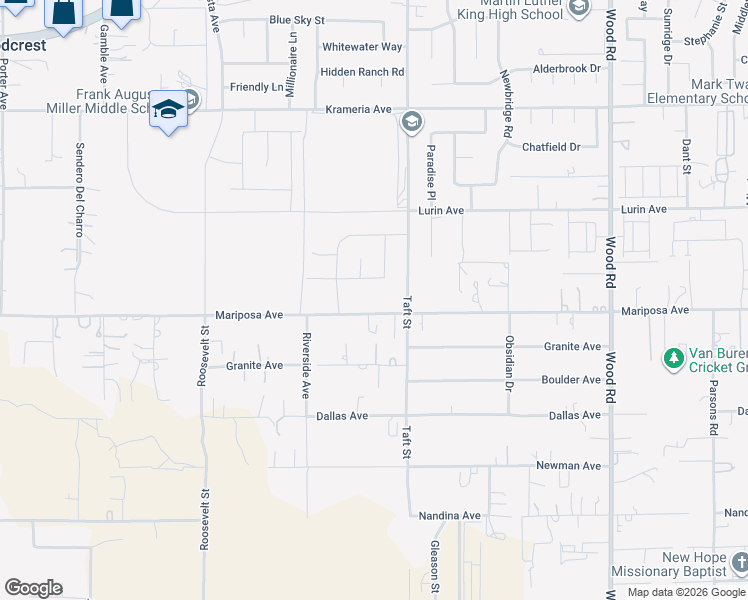 map of restaurants, bars, coffee shops, grocery stores, and more near 18404 Mariposa Avenue in Riverside
