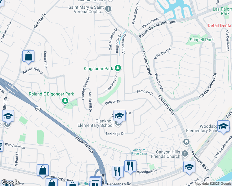 map of restaurants, bars, coffee shops, grocery stores, and more near 6111 Stonehurst Plaza in Yorba Linda