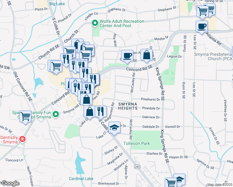 map of restaurants, bars, coffee shops, grocery stores, and more near 984 Valley Drive in Smyrna