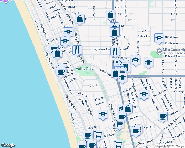 map of restaurants, bars, coffee shops, grocery stores, and more near 2515 Valley Drive in Hermosa Beach