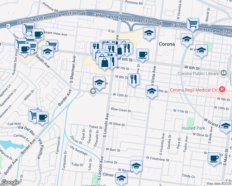 map of restaurants, bars, coffee shops, grocery stores, and more near 924 Wyval Avenue in Corona