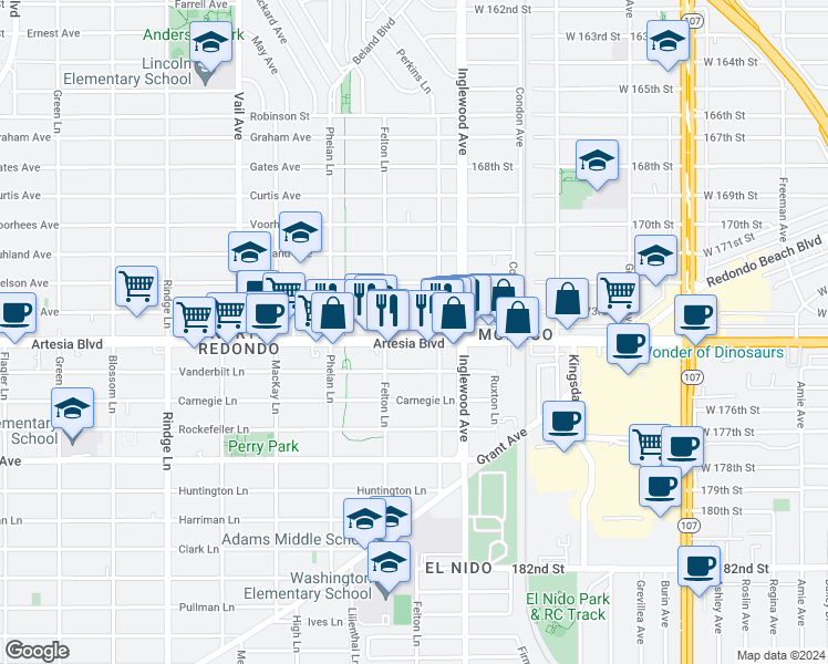 map of restaurants, bars, coffee shops, grocery stores, and more near 2613 Artesia Boulevard in Redondo Beach
