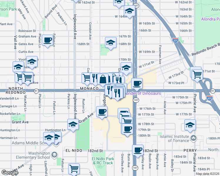 map of restaurants, bars, coffee shops, grocery stores, and more near 4541 Artesia Boulevard in Lawndale