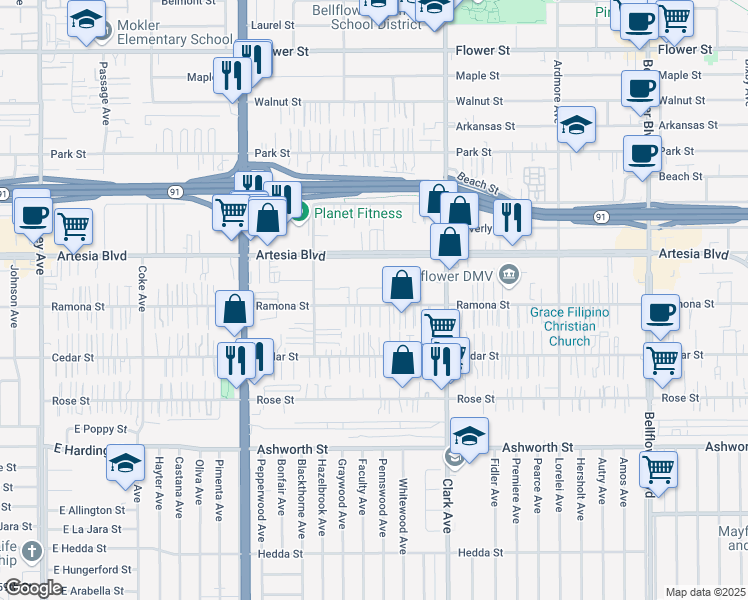 map of restaurants, bars, coffee shops, grocery stores, and more near 9237 Ramona Street in Bellflower