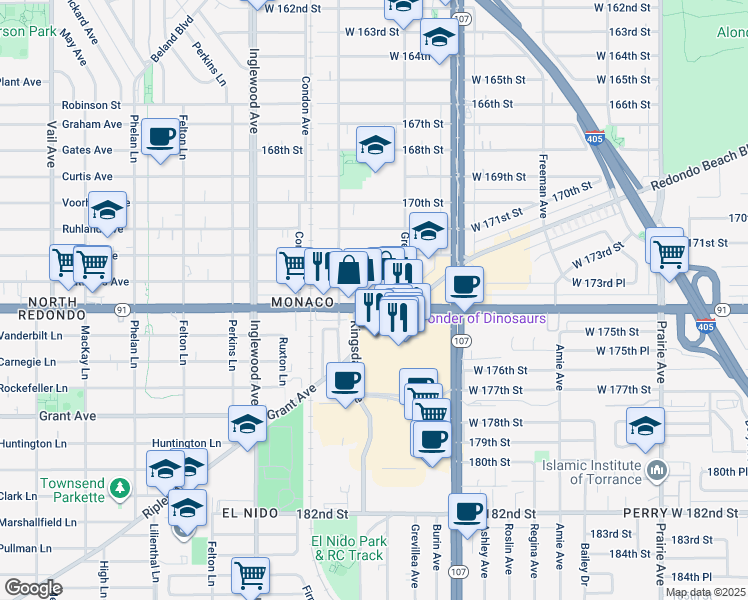 map of restaurants, bars, coffee shops, grocery stores, and more near 4537 Artesia Boulevard in Lawndale