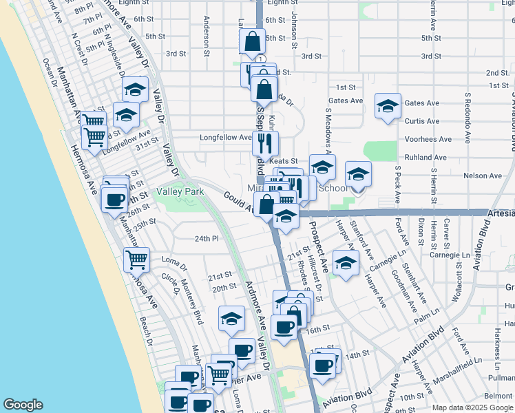 map of restaurants, bars, coffee shops, grocery stores, and more near 2601 Pacific Coast Highway in Hermosa Beach