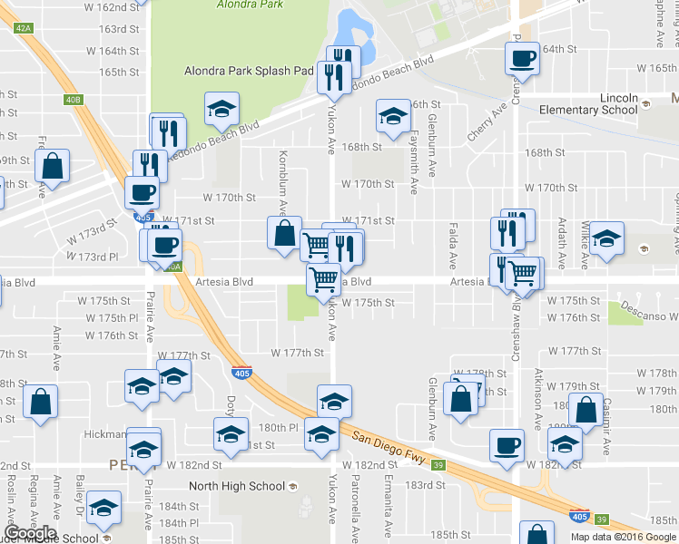 map of restaurants, bars, coffee shops, grocery stores, and more near 3553 Artesia Boulevard in Torrance