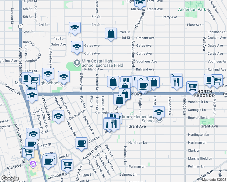map of restaurants, bars, coffee shops, grocery stores, and more near 1701 Artesia Boulevard in Manhattan Beach