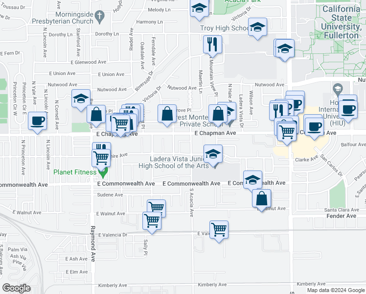 map of restaurants, bars, coffee shops, grocery stores, and more near 307 North Acacia Avenue in Fullerton
