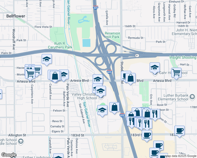 map of restaurants, bars, coffee shops, grocery stores, and more near 10801 Artesia Boulevard in Cerritos