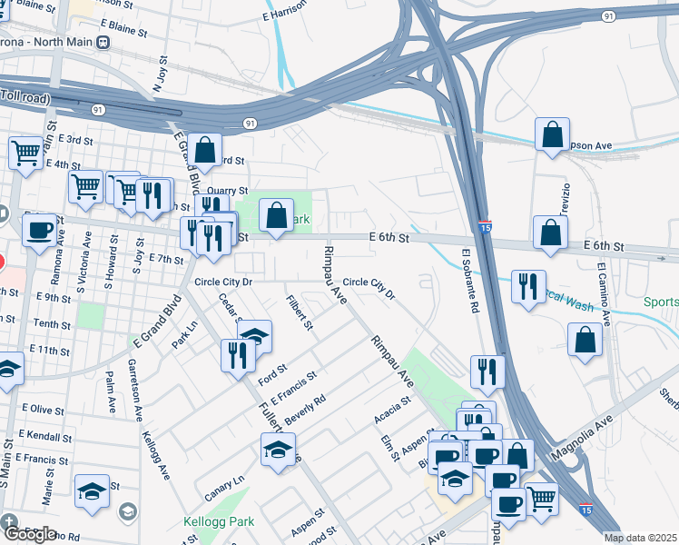 map of restaurants, bars, coffee shops, grocery stores, and more near 1109 Circle City Drive in Corona