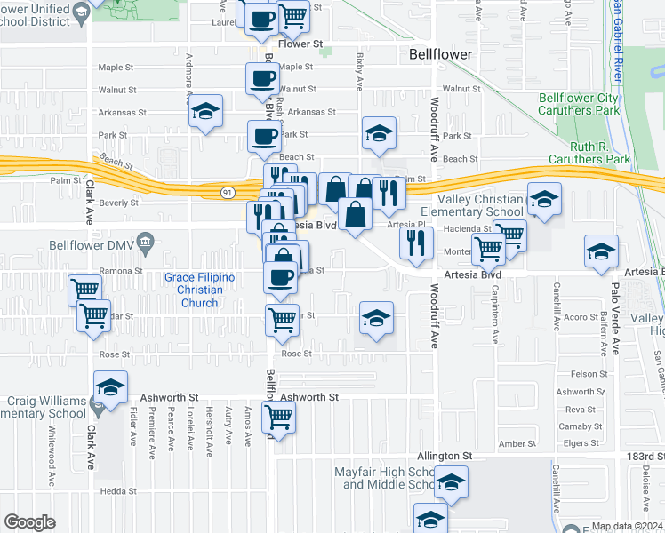 map of restaurants, bars, coffee shops, grocery stores, and more near 9921 Ramona Street in Bellflower