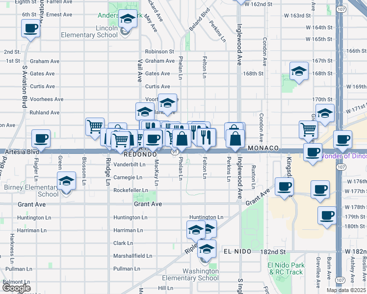 map of restaurants, bars, coffee shops, grocery stores, and more near 2501 Artesia Boulevard in Redondo Beach