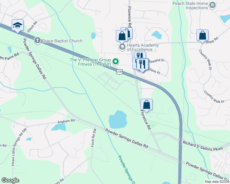 map of restaurants, bars, coffee shops, grocery stores, and more near 3339 Thornbridge Drive in Powder Springs
