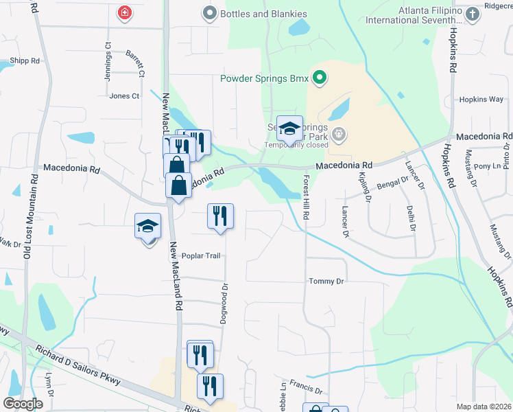 map of restaurants, bars, coffee shops, grocery stores, and more near 4053 Evelyn Drive in Powder Springs