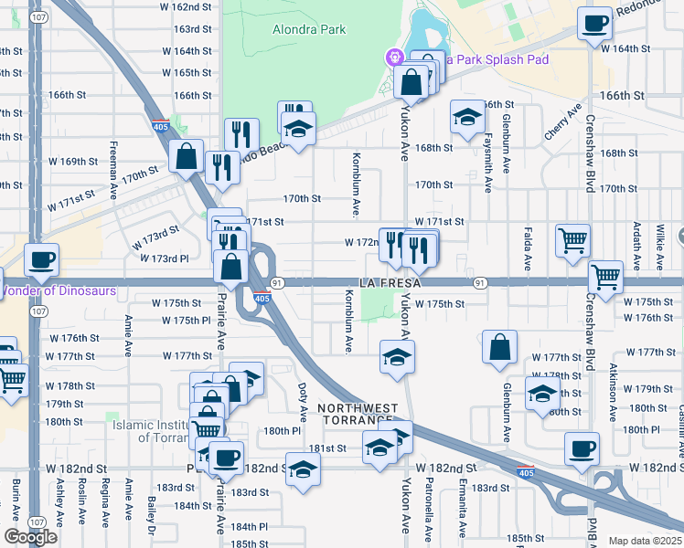 map of restaurants, bars, coffee shops, grocery stores, and more near 3719 Artesia Boulevard in Torrance