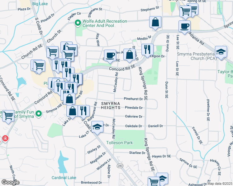 map of restaurants, bars, coffee shops, grocery stores, and more near 3295 McCauley Road in Smyrna