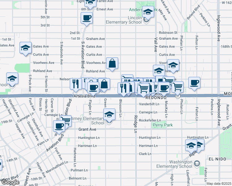 map of restaurants, bars, coffee shops, grocery stores, and more near 2017 Artesia Boulevard in Redondo Beach