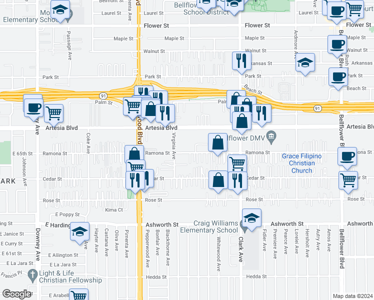 map of restaurants, bars, coffee shops, grocery stores, and more near 9131 Ramona Street in Bellflower