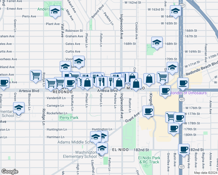 map of restaurants, bars, coffee shops, grocery stores, and more near 2613 Artesia Boulevard in Redondo Beach