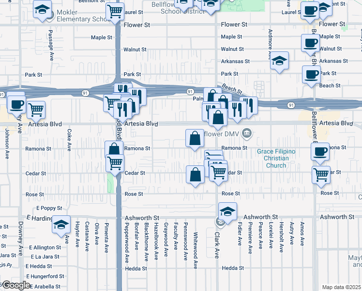 map of restaurants, bars, coffee shops, grocery stores, and more near 9237 Ramona Street in Bellflower