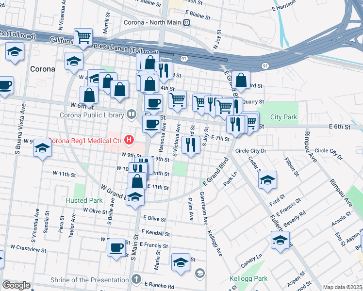 map of restaurants, bars, coffee shops, grocery stores, and more near 801 South Victoria Avenue in Corona