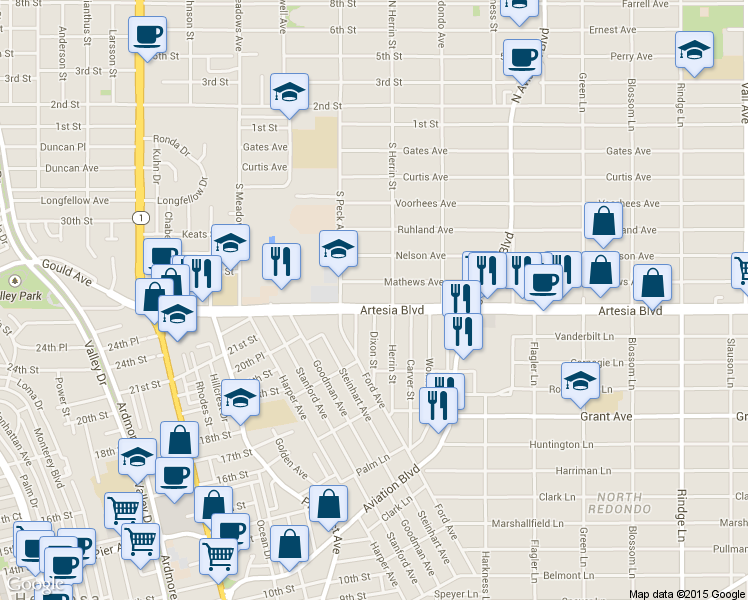 map of restaurants, bars, coffee shops, grocery stores, and more near 1535 Artesia Boulevard in Manhattan Beach
