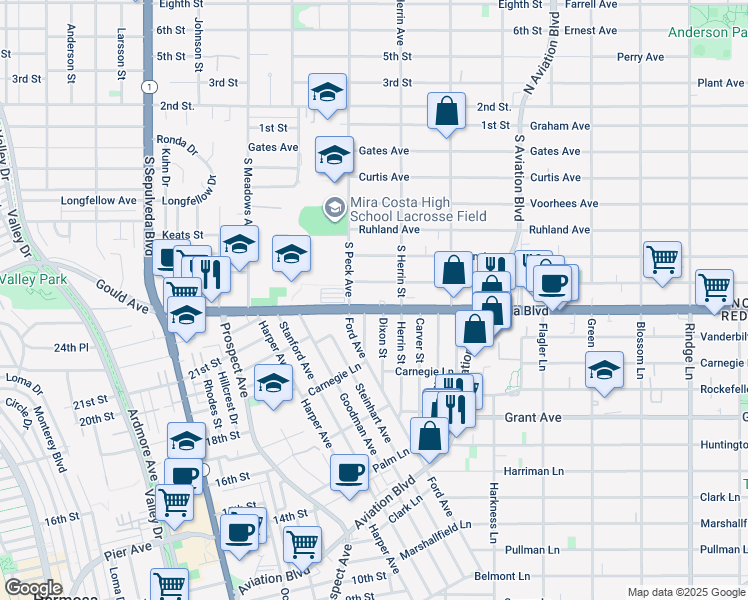 map of restaurants, bars, coffee shops, grocery stores, and more near 1529 Artesia Boulevard in Manhattan Beach