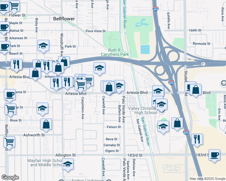 map of restaurants, bars, coffee shops, grocery stores, and more near 10511 Artesia Boulevard in Bellflower
